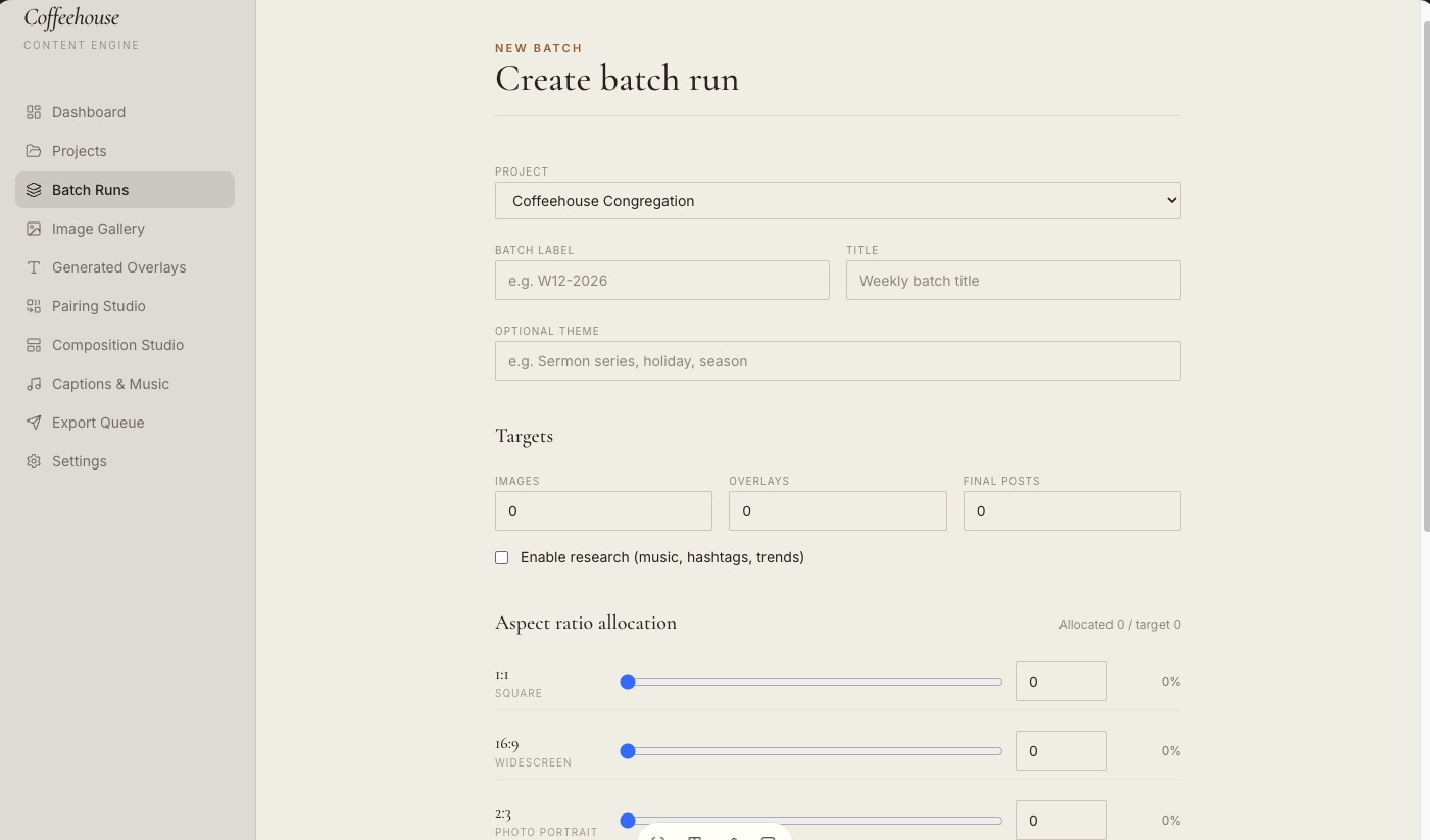 Coffeehouse Congregation Content System screen