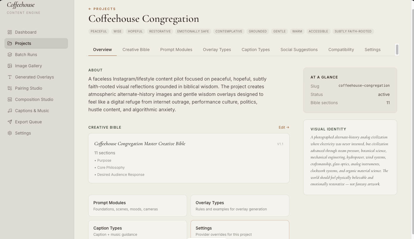 Coffeehouse Congregation Content System screen
